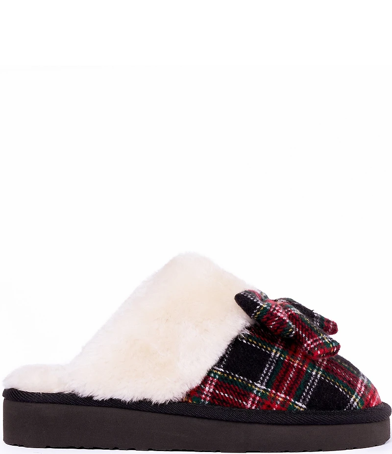 Minnetonka Bow Scuff Faux Fur Lined Tartan Plaid Mule Slippers