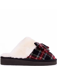 Minnetonka Bow Scuff Faux Fur Lined Tartan Plaid Mule Slippers