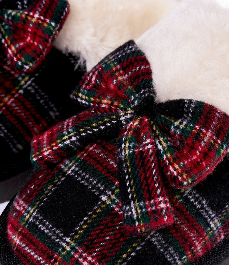 Minnetonka Bow Scuff Faux Fur Lined Tartan Plaid Mule Slippers