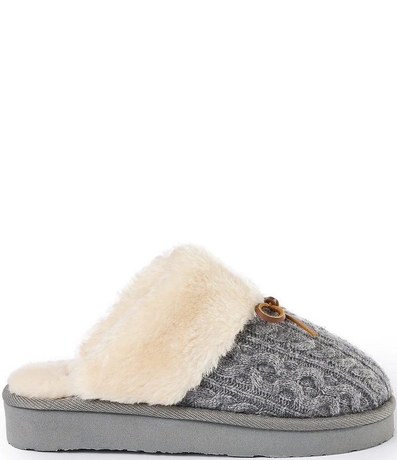 Minnetonka Flurry Cable Knit Bow Faux Fur Lined Scuffs