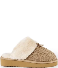 Minnetonka Flurry Cable Knit Bow Faux Fur Lined Scuffs