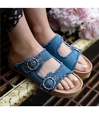 Minnetonka Georgine Denim Buckled Platform Slide Sandals