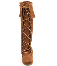 Minnetonka Women's Hardsole Suede Fringe Tall Lace Up Boots