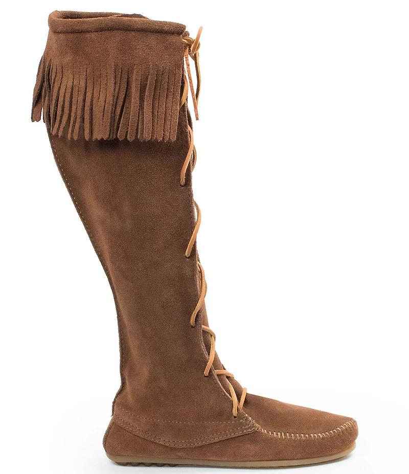 Minnetonka Women's Hardsole Suede Fringe Tall Lace Up Boots