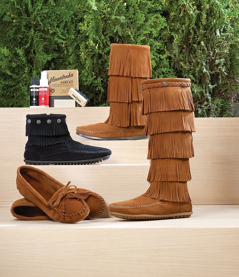 Minnetonka Kilty Suede Kiltie Bow Detail Moccasins