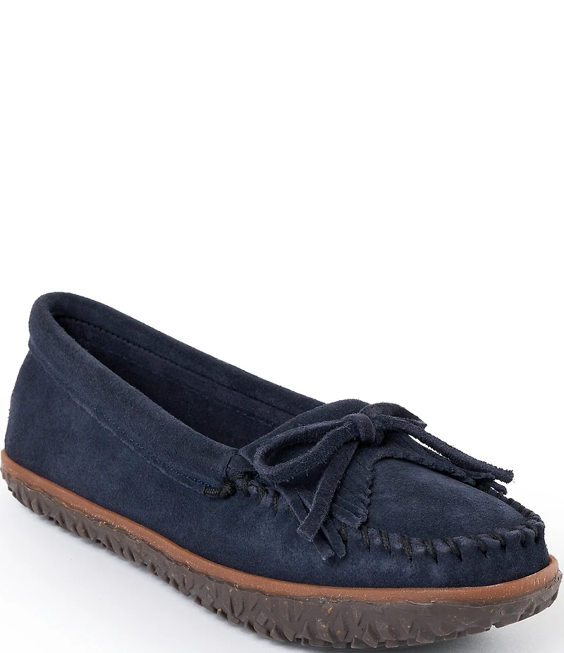 Minnetonka Kilty Tread Suede Bow Fringe Detail Moccasins