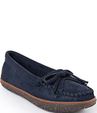 Minnetonka Kilty Tread Suede Bow Fringe Detail Moccasins
