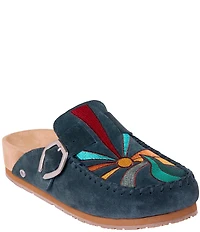 Minnetonka Sunset Embroidered Suede Buckle Clogs