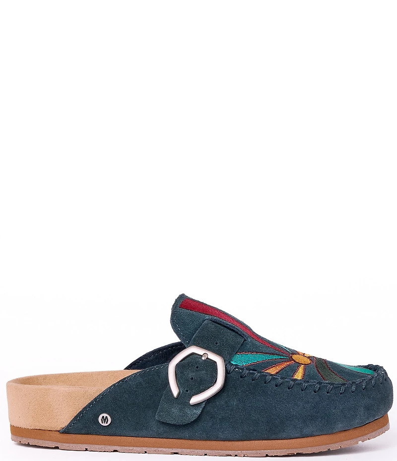 Minnetonka Sunset Embroidered Suede Buckle Clogs