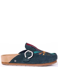 Minnetonka Sunset Embroidered Suede Buckle Clogs