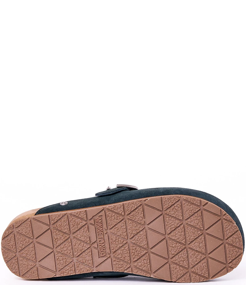 Minnetonka Sunset Embroidered Suede Buckle Clogs