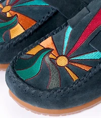 Minnetonka Sunset Embroidered Suede Buckle Clogs
