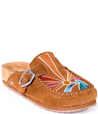 Minnetonka Sunset Embroidered Suede Buckle Clogs