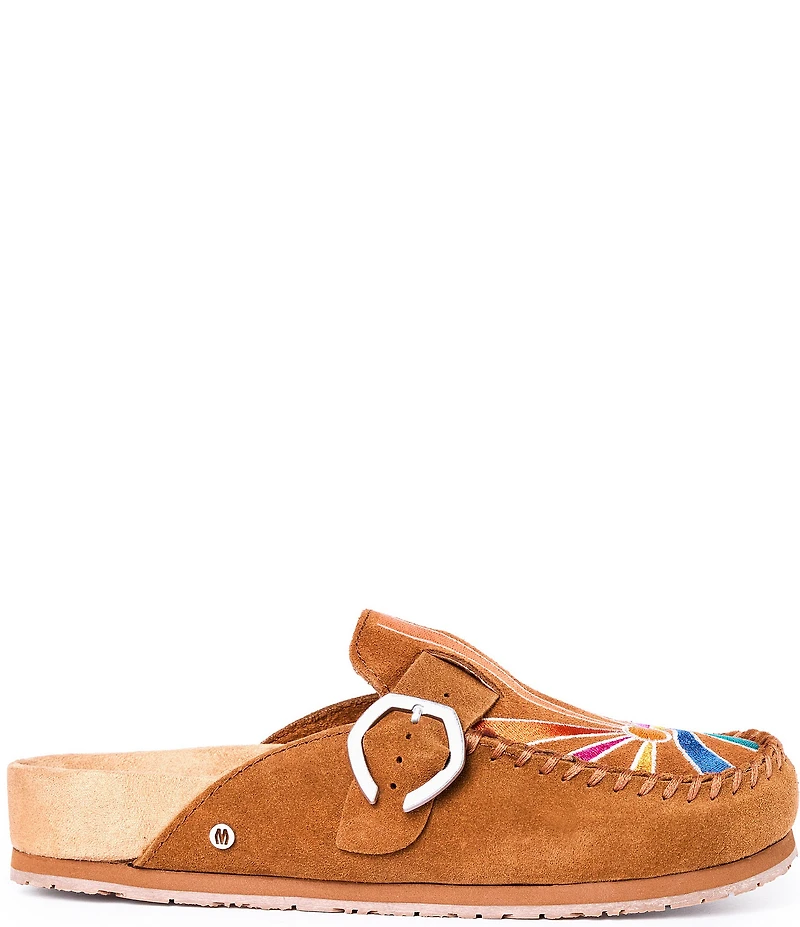 Minnetonka Sunset Embroidered Suede Buckle Clogs