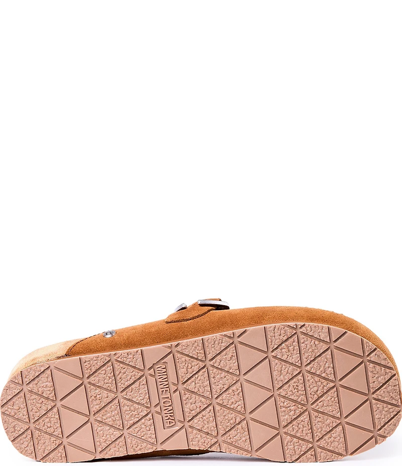 Minnetonka Sunset Embroidered Suede Buckle Clogs