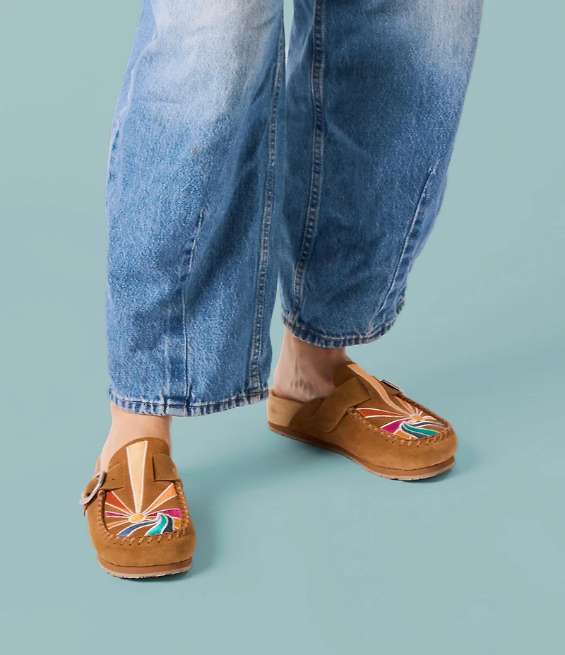 Minnetonka Sunset Embroidered Suede Buckle Clogs