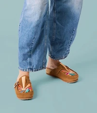 Minnetonka Sunset Embroidered Suede Buckle Clogs