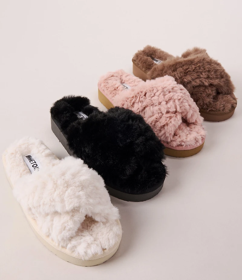 Minnetonka Teddy Crossband Faux Fur Slippers