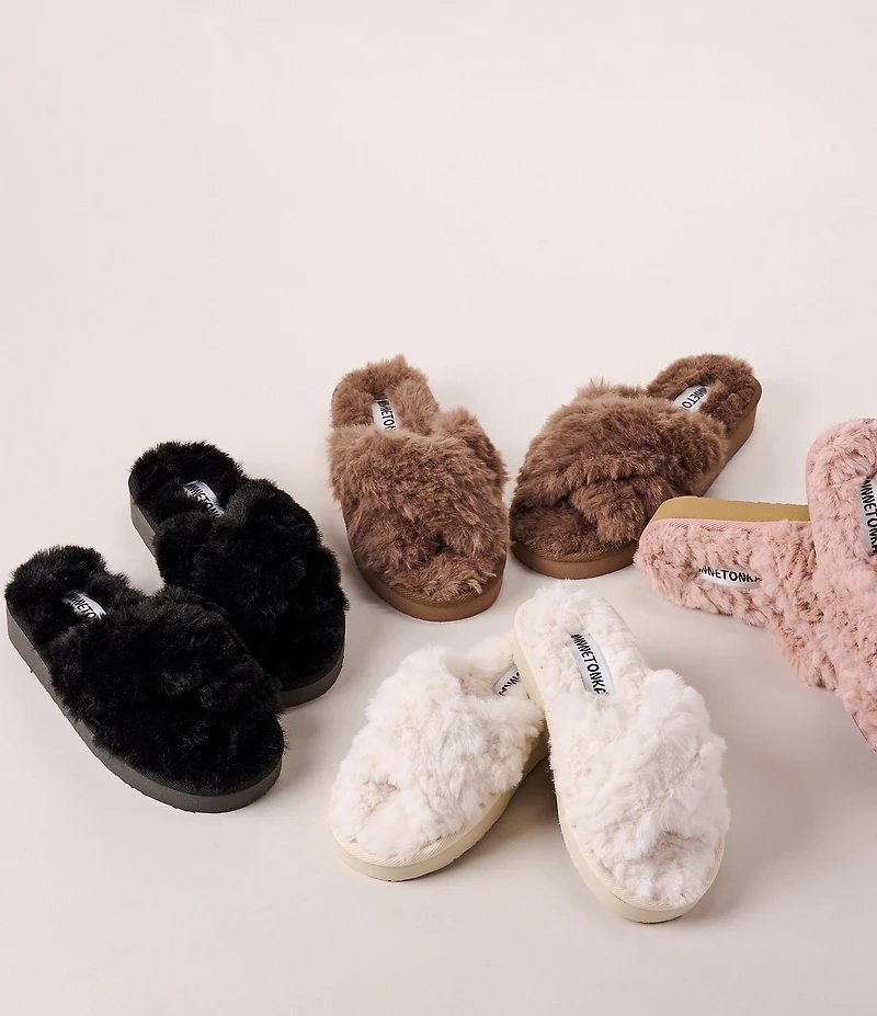 Minnetonka Teddy Crossband Faux Fur Slippers