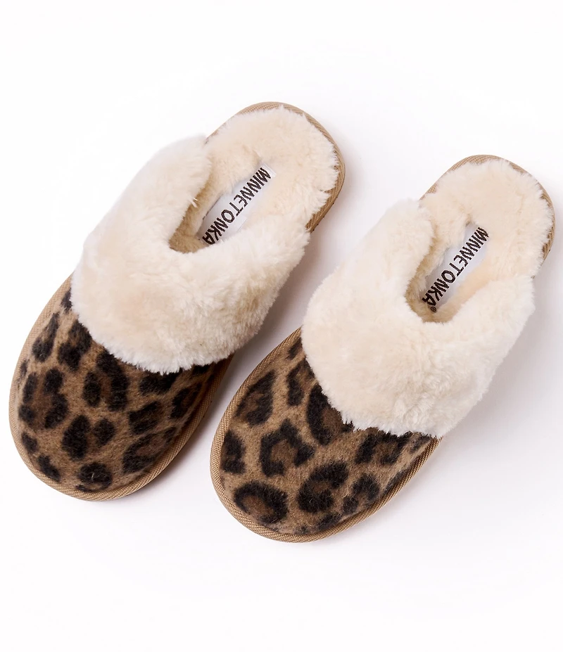 Minnetonka Women's Chesney Leopard Print Faux Fur Lined Mule Slippers
