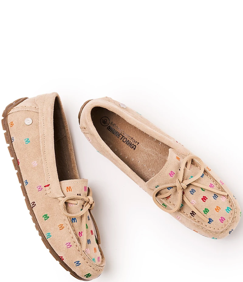 Minnetonka Women's Embroidered M Suede Moccasins
