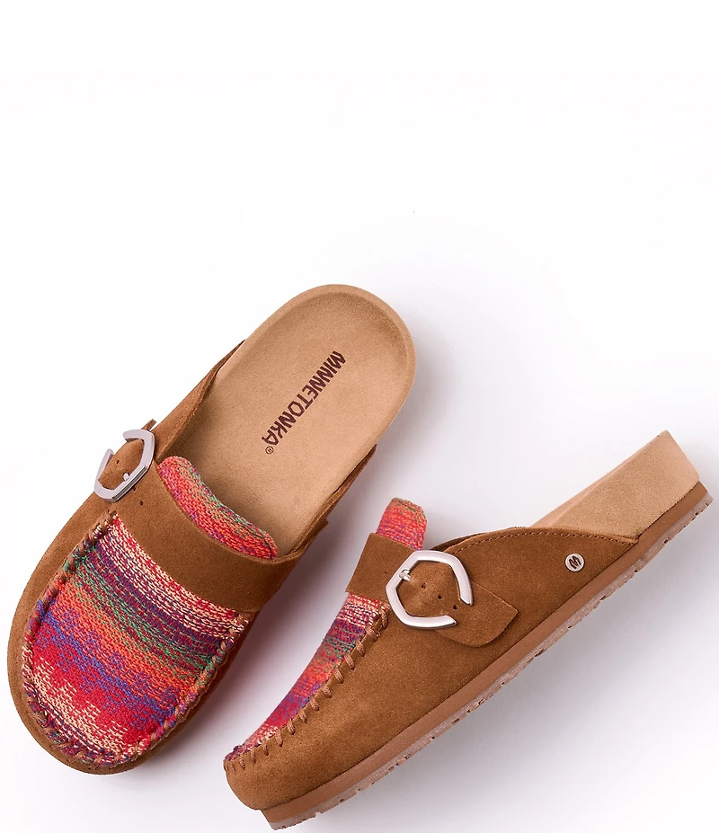 Minnetonka Women's Horizon Multi Stripe Suede Buckle Clogs