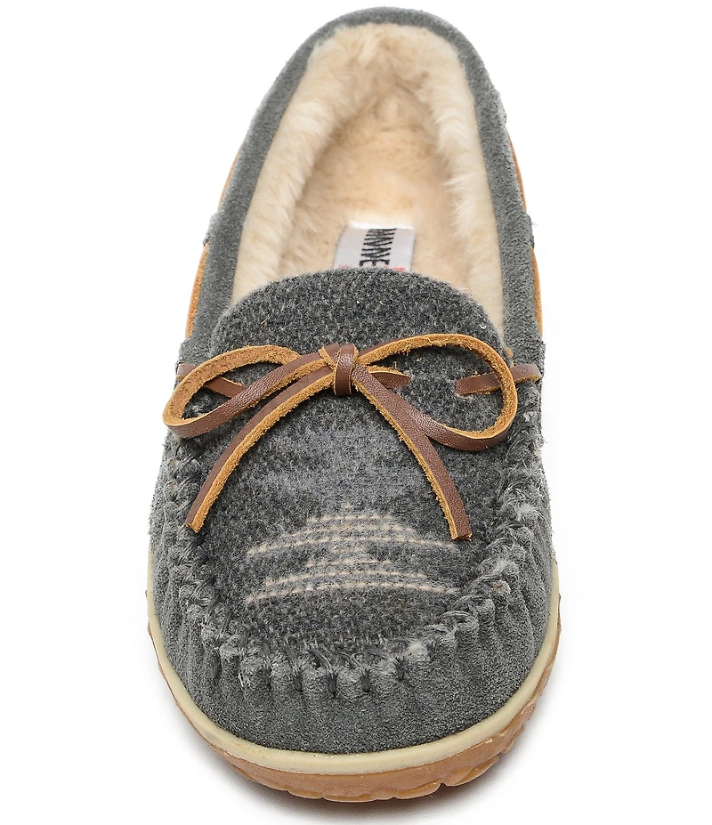 Minnetonka Women's Tilia Tribal Print Bow Detail Suede Moccasins