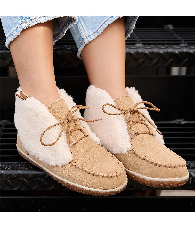 Minnetonka Women's Torrey Suede Faux Shearling Bootie Slippers