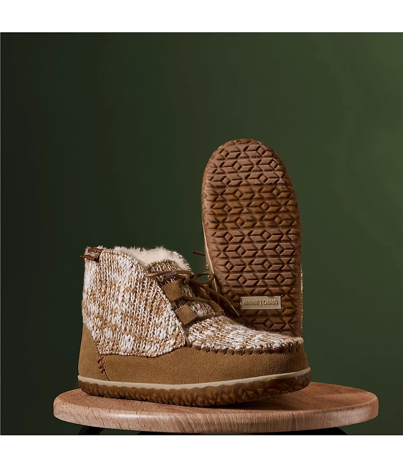 Minnetonka Women's Torrey Suede Mix Knit Faux Fur Lined Booties