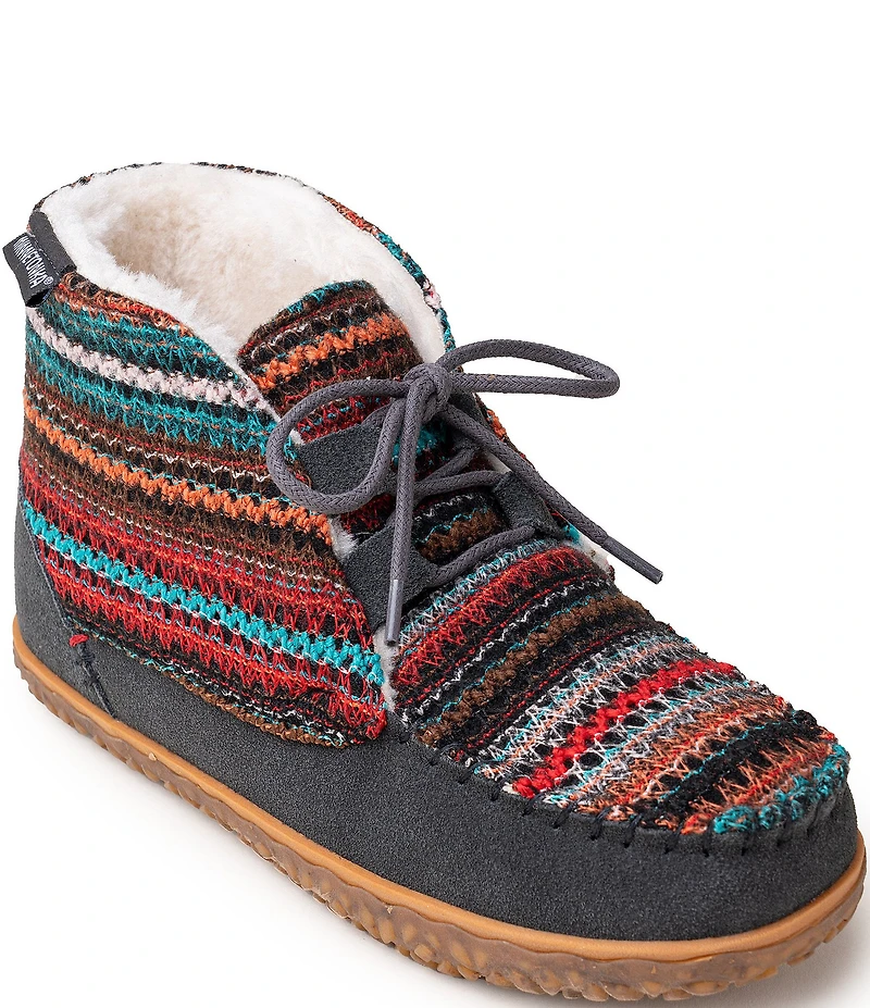 Minnetonka Women's Torrey Suede Striped Fabric Faux Fur Lined Booties