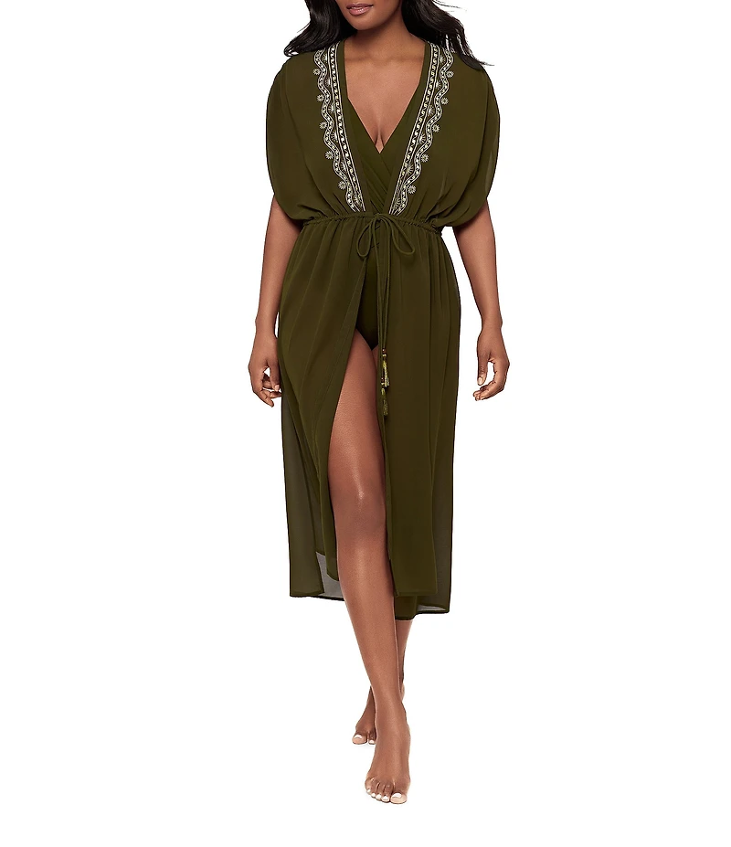 Miraclesuit Beach Semi Sheer Embroidered V-Neck Kimono Swim Cover-Up