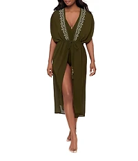 Miraclesuit Beach Semi Sheer Embroidered V-Neck Kimono Swim Cover-Up