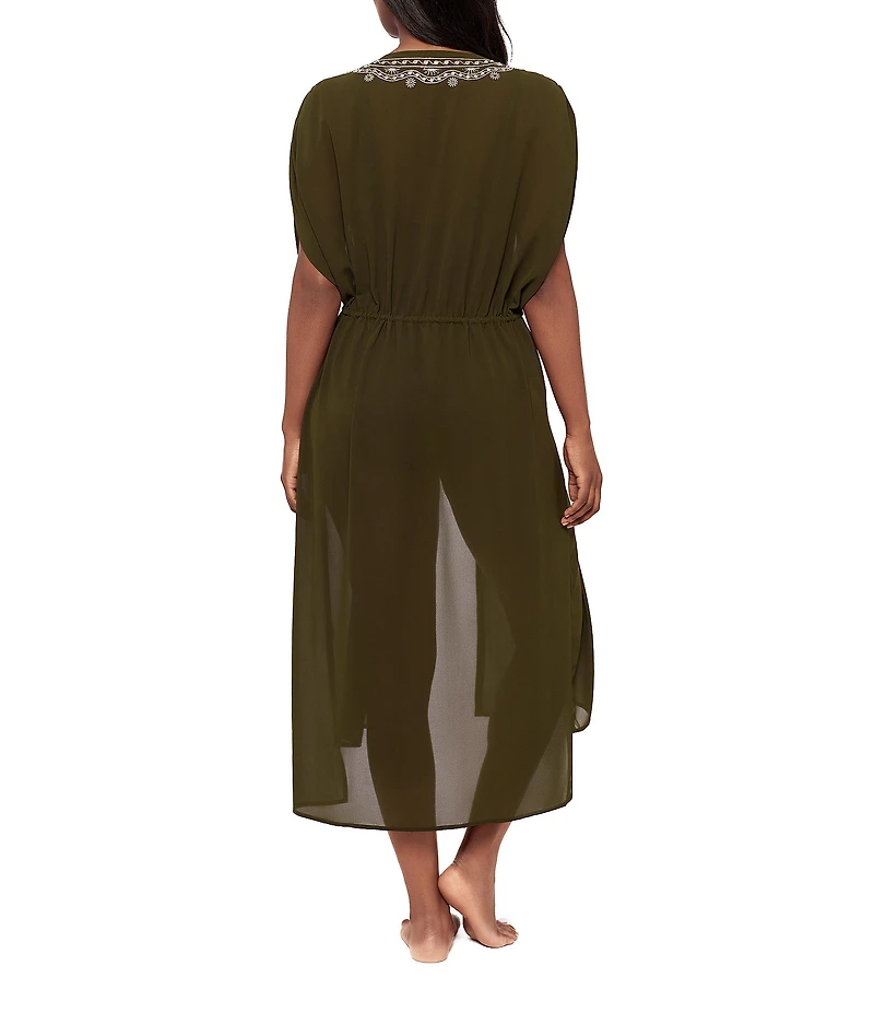 Miraclesuit Beach Semi Sheer Embroidered V-Neck Kimono Swim Cover-Up