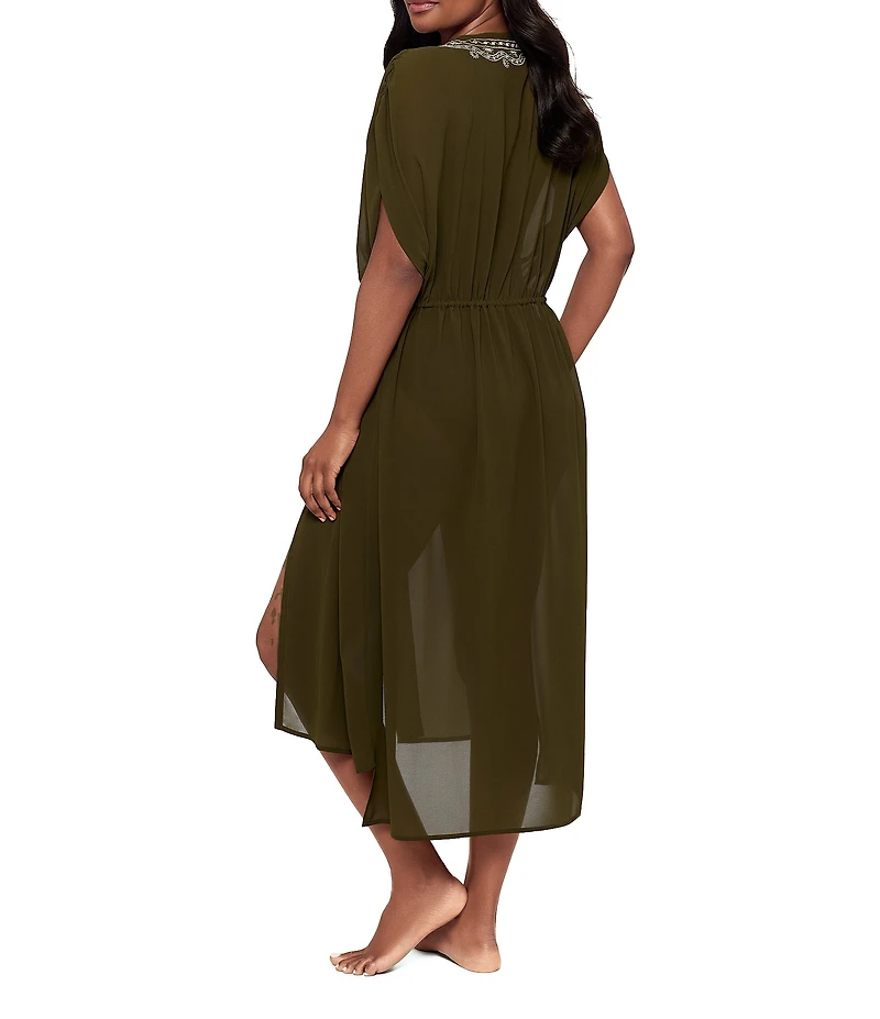 Miraclesuit Beach Semi Sheer Embroidered V-Neck Kimono Swim Cover-Up