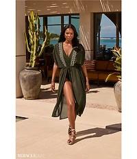 Miraclesuit Beach Semi Sheer Embroidered V-Neck Kimono Swim Cover-Up