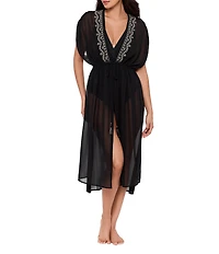 Miraclesuit Beach Semi Sheer Embroidered V-Neck Kimono Swim Cover-Up