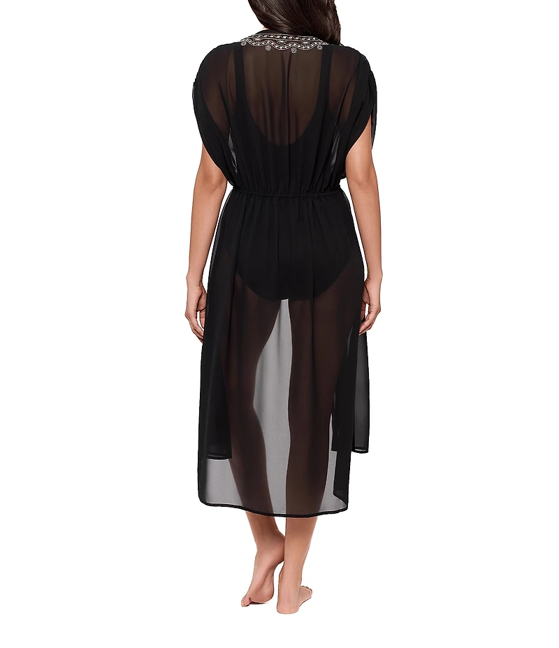 Miraclesuit Beach Semi Sheer Embroidered V-Neck Kimono Swim Cover-Up