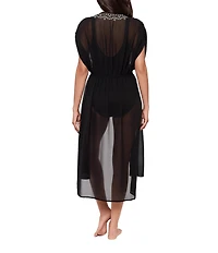 Miraclesuit Beach Semi Sheer Embroidered V-Neck Kimono Swim Cover-Up