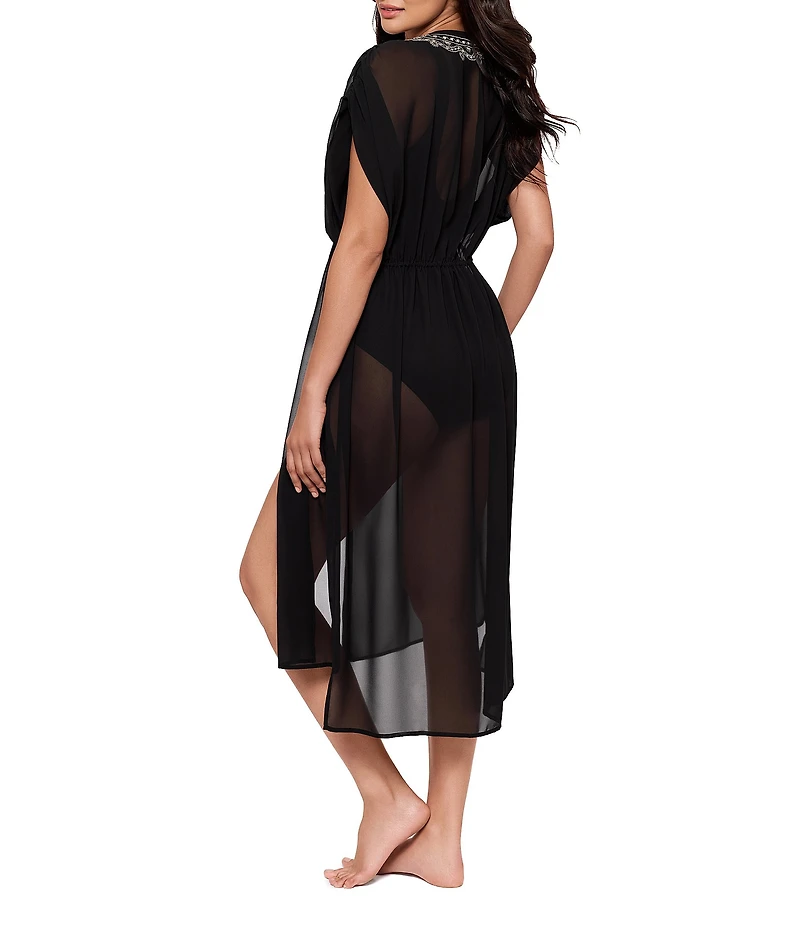 Miraclesuit Beach Semi Sheer Embroidered V-Neck Kimono Swim Cover-Up