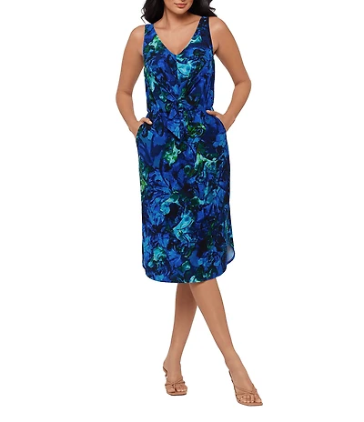 Miraclesuit Celestial Bloom Tali V-Neck Sleeveless Side Pockets Shaping Midi Dress
