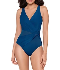Miraclesuit Illusionists Mesh Inset Cinch Twist Surplice One Piece Swimsuit