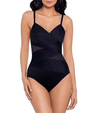 Miraclesuit Network Mystique Mesh V-Neck Underwire Molded Cups Surplice One Piece Swimsuit