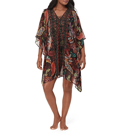 Miraclesuit Pluma Orla Semi Sheer Georgette V-Neck Caftan Swim Cover-Up