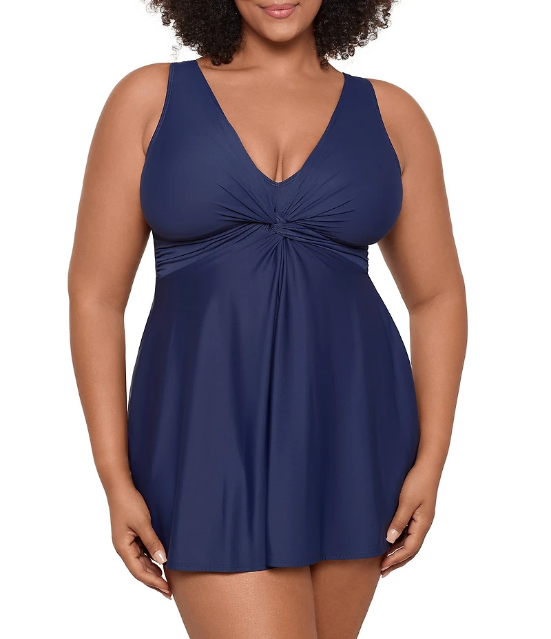 Miraclesuit Plus Size Solid Must Haves Marais V-Neck Skirted Leg-Cut Tankini One Piece Swimsuit