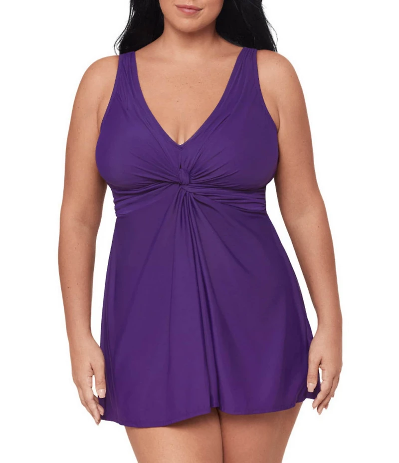 Miraclesuit Plus Size Solid Must Haves Marais V-Neck Skirted Leg-Cut Tankini One Piece Swimsuit
