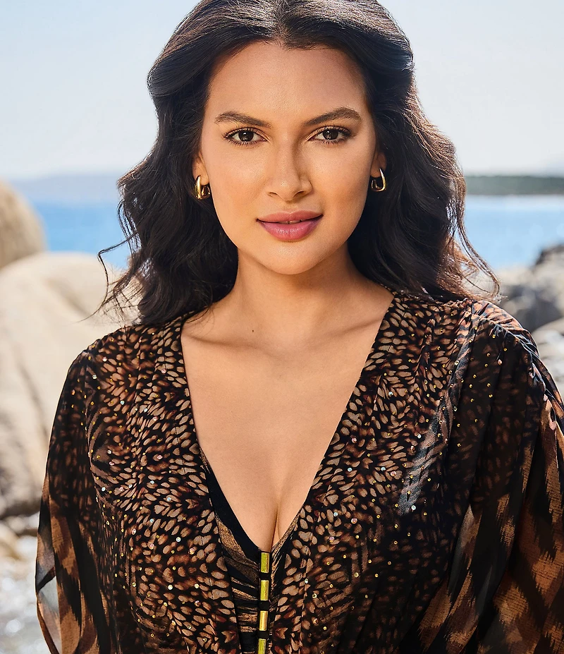 Miraclesuit Raya De Safari Semi-Sheer Georgette Long Kimono Swim Cover-Up