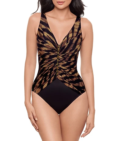 Miraclesuit Raya De Safari V-Neck Mesh Hardware Tank One Piece Swimsuit