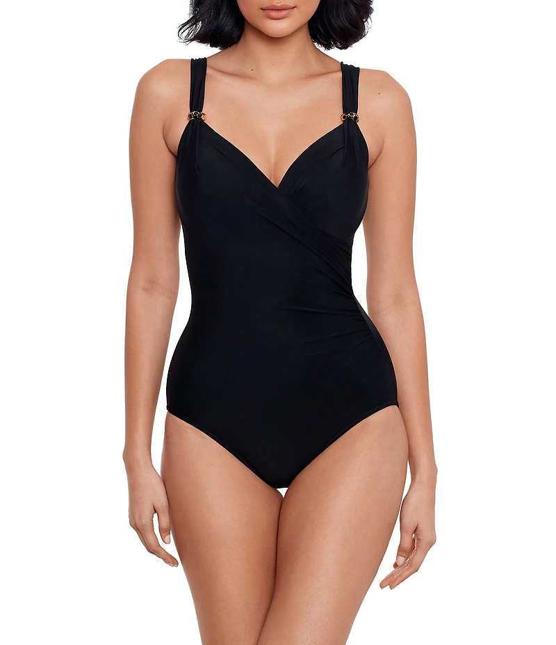 Miraclesuit Razzle Dazzle Siren Solid DD-Cup Size Underwire Bra Surplice One Piece Swimsuit