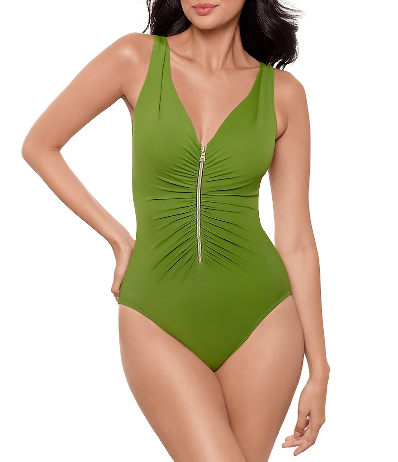 Miraclesuit Razzle Dazzle Surplice V-Neck Zip Front One Piece Swimsuit