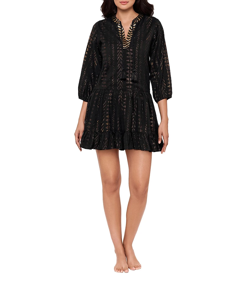 Miraclesuit Shimmer Gold Jacquard Embroidered Split V-Neck Beach Dress Swim Cover-Up